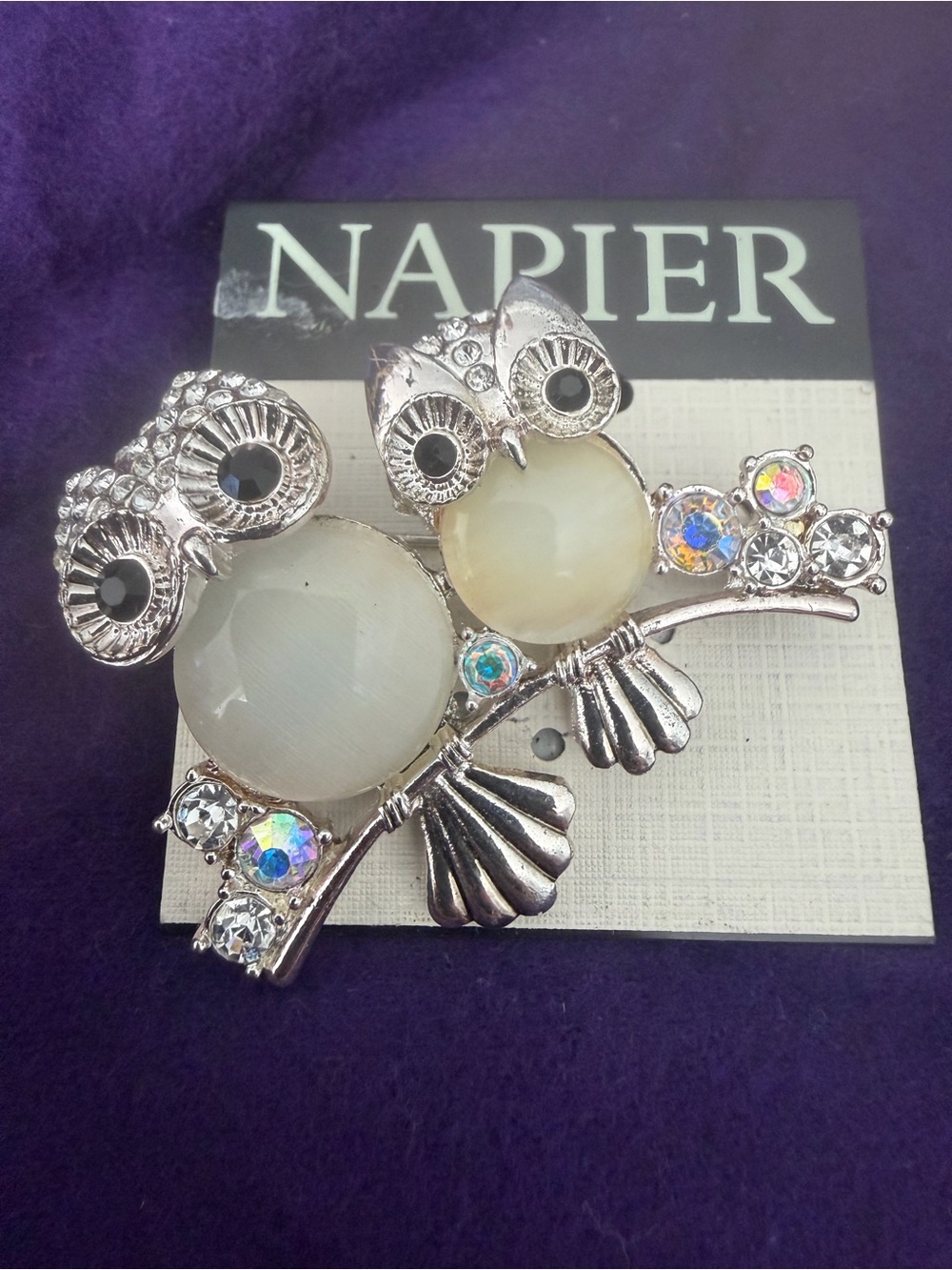 NWT Napier Silver Owl Brooch with Cream Cabochons Jelly Belly.